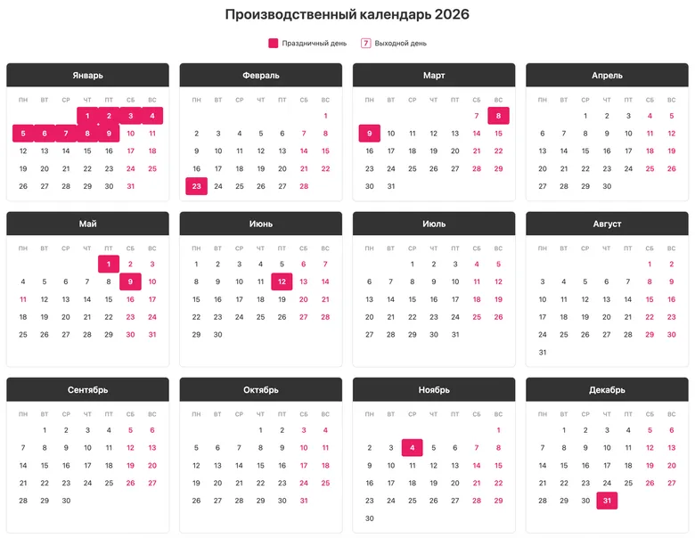 Производственный календарь на 2026 год: рабочие дни, праздничные, выходные