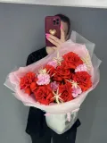 "Букет пламенный ❤️ алая французская Роза 🥐 пудровый диантус 🌸" – Фото 1