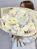 "«Affogato» букет из пионовидных роз кэнди лайт ,гортензии и хлопка" – Фото 4