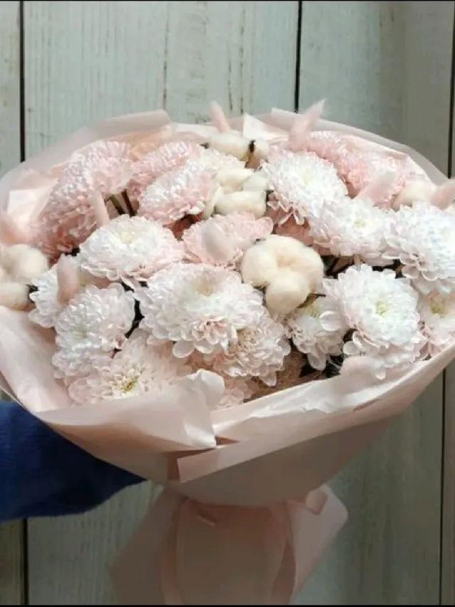 "Букет из кустовой хризантемы, хлопка и лагуруса Персиковый джем " – Фото 1