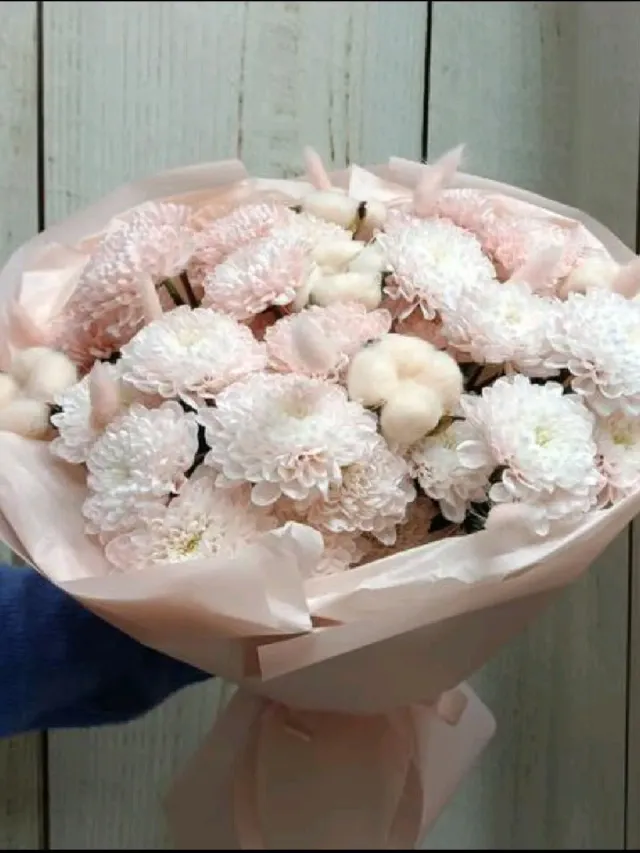 "Букет из кустовой хризантемы, хлопка и лагуруса Персиковый джем " – Фото 3