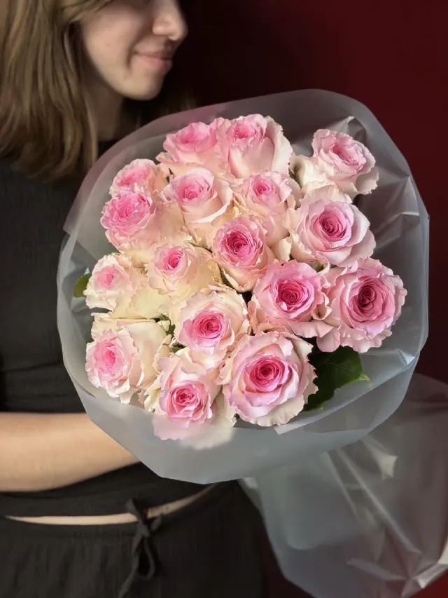"Монобукет розовые розы 17 шт" – Фото 1