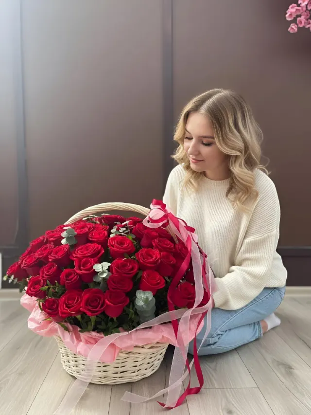 ""Романтика в корзине" 🌹🎀 композиция 101 Роза" – Фото 1