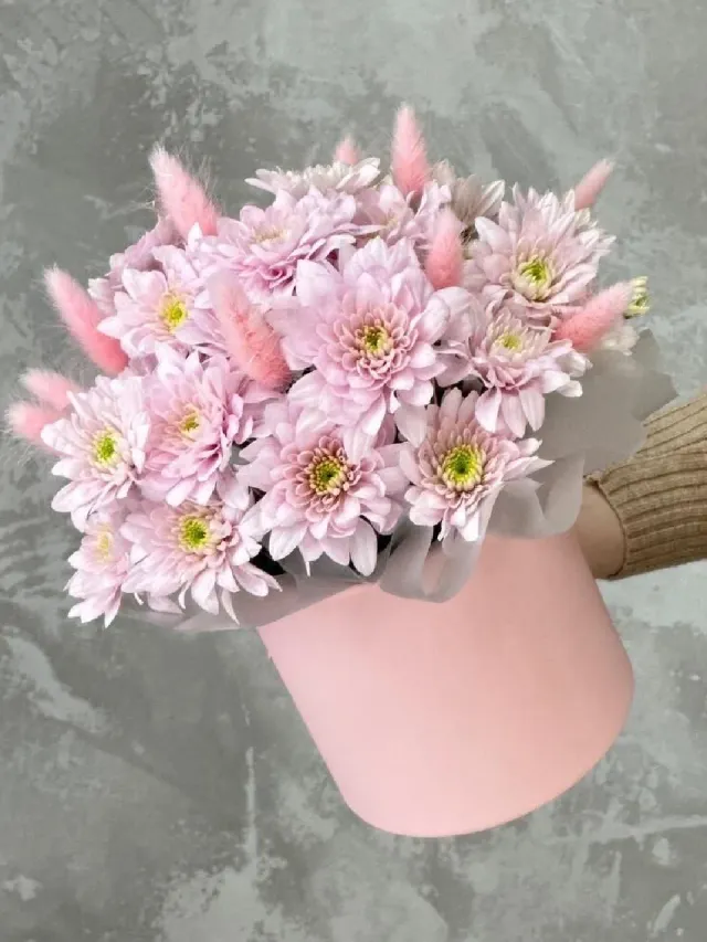 "Нежная композиция в шляпной коробке из хризантем 🌸" – Фото 1