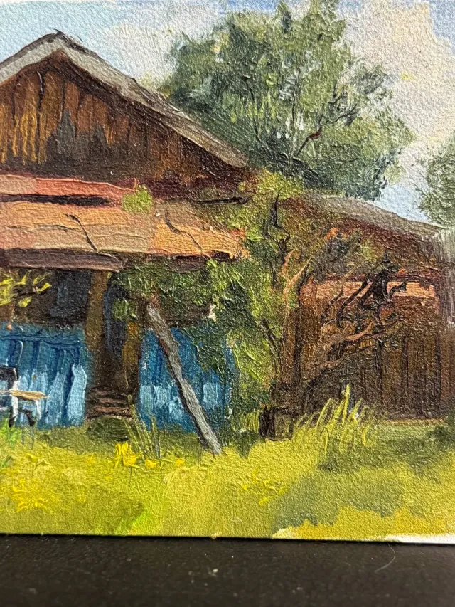 "Картина «Домик в деревне». Картон/ масло / 24*18" – Фото 2